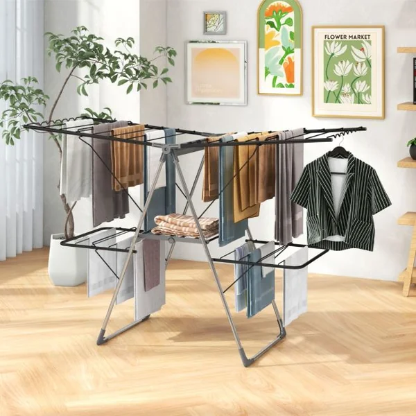 Séchoir à Linge Pliable à 2 Niveaux avec 33 Rails de Séchage Ailes Réglables en Hauteur Pinces à Chaussettes Barres en Forme de Vague