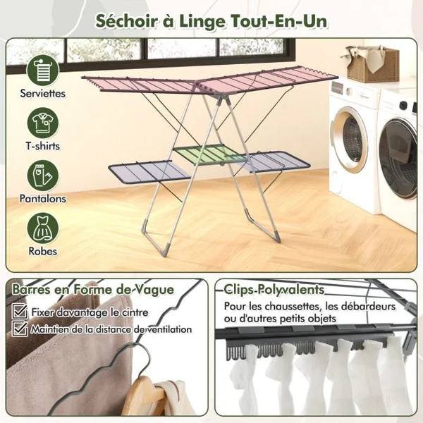 Séchoir à Linge Pliable à 2 Niveaux avec 33 Rails de Séchage Ailes Réglables en Hauteur Pinces à Chaussettes Barres en Forme de Vague