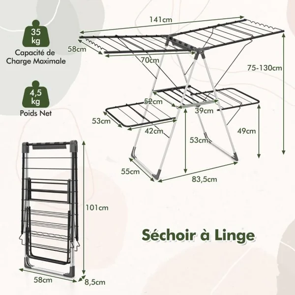Séchoir à Linge Pliable à 2 Niveaux avec 33 Rails de Séchage Ailes Réglables en Hauteur Pinces à Chaussettes Barres en Forme de Vague