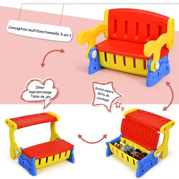 Table 3 en 1 pour Enfants de 3 à 7 Ans Table Convertible en Chaise et Coffre à Jouets Capacité 40 kg Multicolore