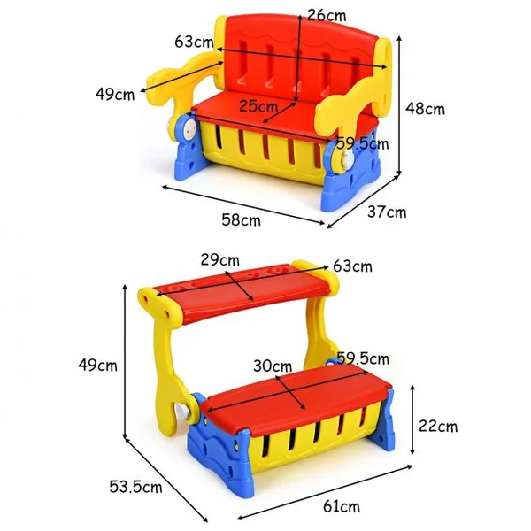 Table 3 en 1 pour Enfants de 3 à 7 Ans Table Convertible en Chaise et Coffre à Jouets Capacité 40 kg Multicolore