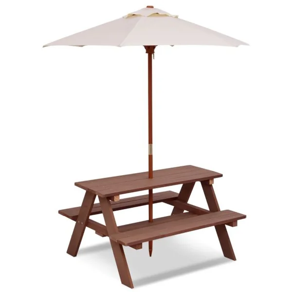 Table avec 2 Bancs et Parasol de Jardin pour Enfant en Sapin Table de Pique-nique pour 4 Enfants Beige + Marron