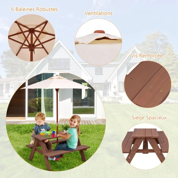 Table avec 2 Bancs et Parasol de Jardin pour Enfant en Sapin Table de Pique-nique pour 4 Enfants Beige + Marron