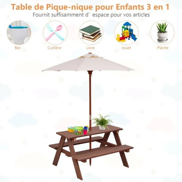 Table avec 2 Bancs et Parasol de Jardin pour Enfant en Sapin Table de Pique-nique pour 4 Enfants Beige + Marron