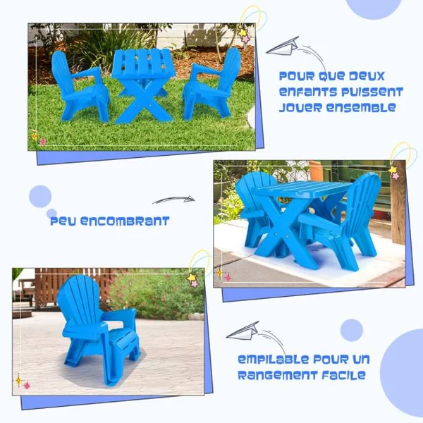 Table avec 2 Chaises Adirondack pour Extérieur Cadre Stable en X Coins Arrondis Charge 30kg pour Enfants de 3-6 Ans Bleu