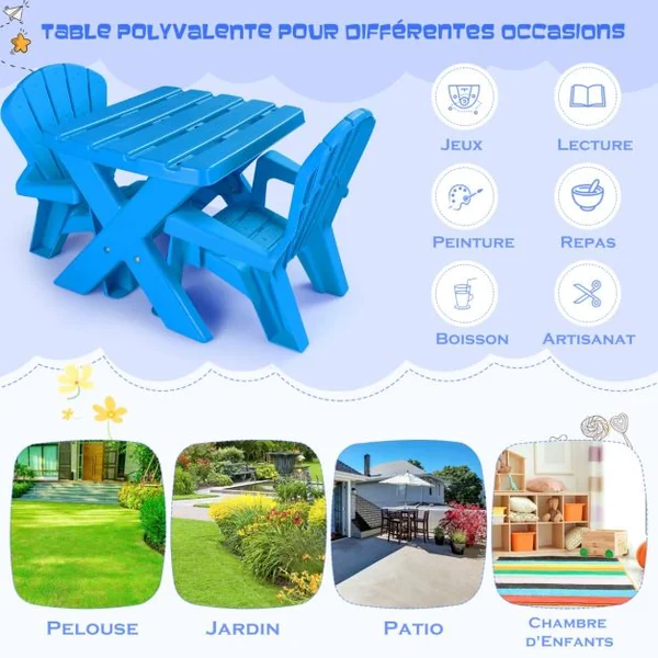 Table avec 2 Chaises Adirondack pour Extérieur Cadre Stable en X Coins Arrondis Charge 30kg pour Enfants de 3-6 Ans Bleu