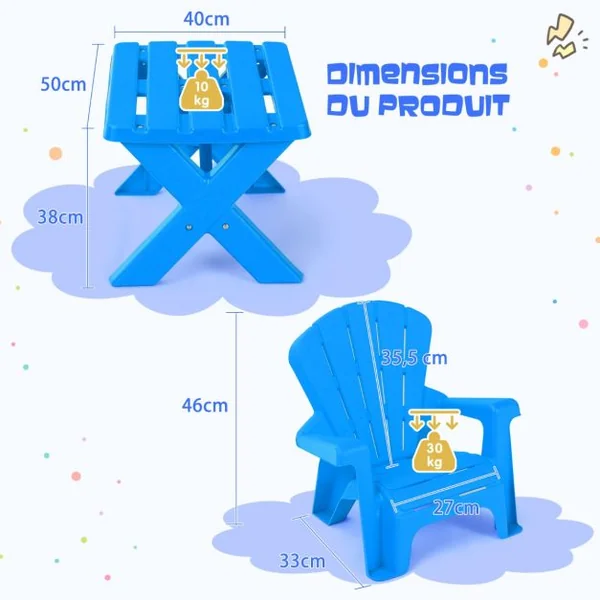 Table avec 2 Chaises Adirondack pour Extérieur Cadre Stable en X Coins Arrondis Charge 30kg pour Enfants de 3-6 Ans Bleu