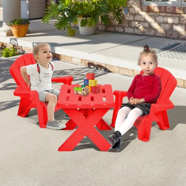 Table avec 2 Chaises Adirondack pour Extérieur Cadre Stable en X Coins Arrondis Charge 30kg pour Enfants de 3-6 Ans Rouge