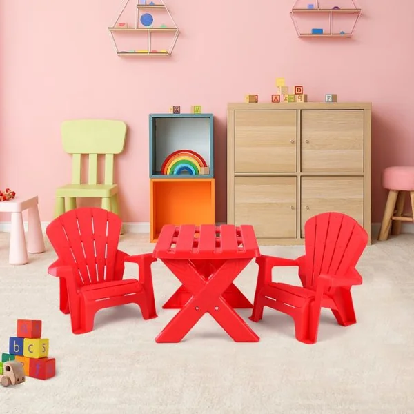 Table avec 2 Chaises Adirondack pour Extérieur Cadre Stable en X Coins Arrondis Charge 30kg pour Enfants de 3-6 Ans Rouge