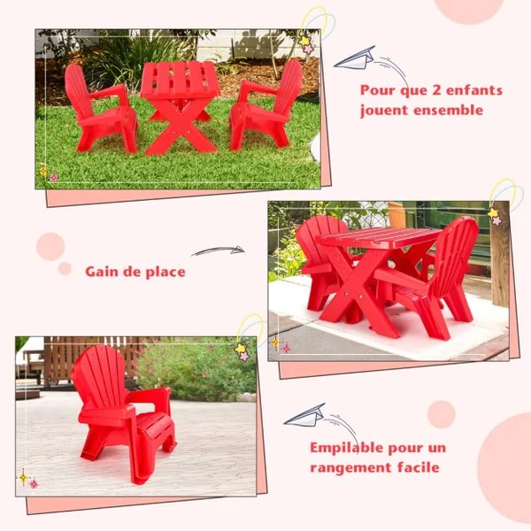 Table avec 2 Chaises Adirondack pour Extérieur Cadre Stable en X Coins Arrondis Charge 30kg pour Enfants de 3-6 Ans Rouge
