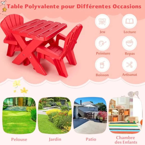 Table avec 2 Chaises Adirondack pour Extérieur Cadre Stable en X Coins Arrondis Charge 30kg pour Enfants de 3-6 Ans Rouge