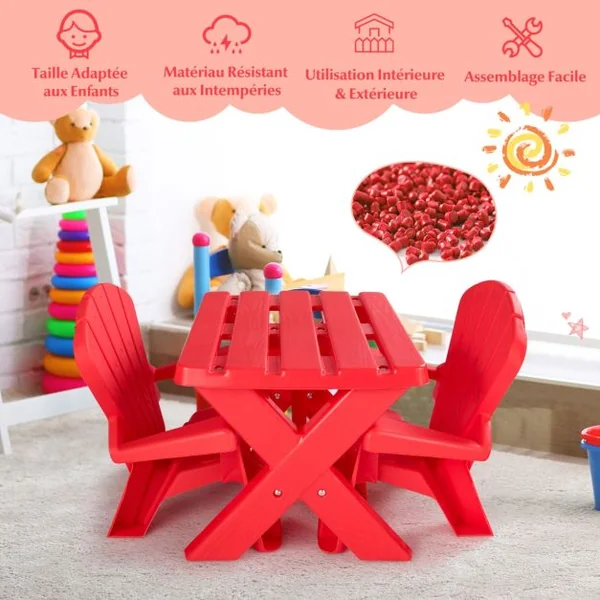 Table avec 2 Chaises Adirondack pour Extérieur Cadre Stable en X Coins Arrondis Charge 30kg pour Enfants de 3-6 Ans Rouge