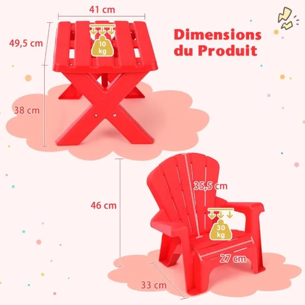 Table avec 2 Chaises Adirondack pour Extérieur Cadre Stable en X Coins Arrondis Charge 30kg pour Enfants de 3-6 Ans Rouge
