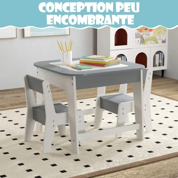 Table avec 2 Chaises Enfants 3-6 Ans - Plateau 2 Face : Noir et Blanc Dessin Effaçable Espace de Rangement Caché Naturel et Blanc/Gris et Blanc/Naturel