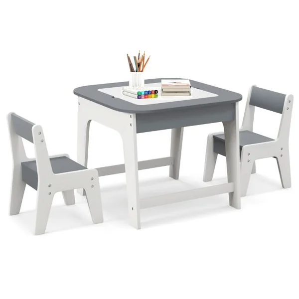 Table avec 2 Chaises Enfants 3-6 Ans - Plateau 2 Face : Noir et Blanc Dessin Effaçable Espace de Rangement Caché Naturel et Blanc/Gris et Blanc/Naturel