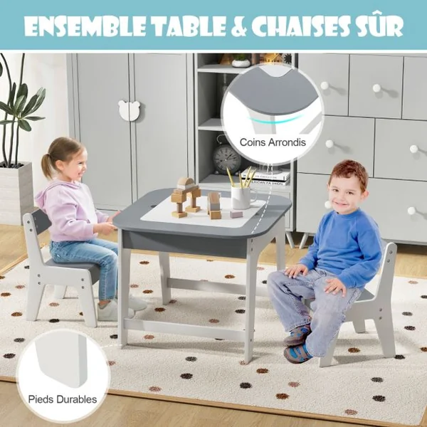 Table avec 2 Chaises Enfants 3-6 Ans - Plateau 2 Face : Noir et Blanc Dessin Effaçable Espace de Rangement Caché Naturel et Blanc/Gris et Blanc/Naturel