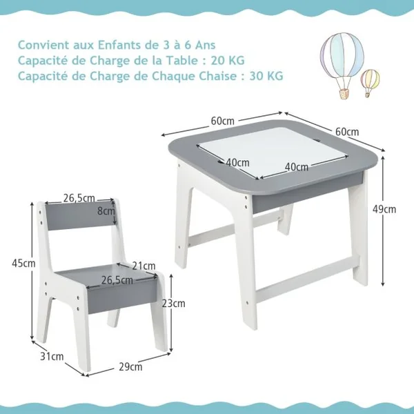 Table avec 2 Chaises Enfants 3-6 Ans - Plateau 2 Face : Noir et Blanc Dessin Effaçable Espace de Rangement Caché Naturel et Blanc/Gris et Blanc/Naturel