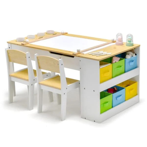 Table avec 2 Chaises pour Enfants Plateau Inclinable 6 Boîtes de Rangement Rouleau de Papier pour Jouer Dessiner Manger