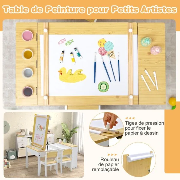 Table avec 2 Chaises pour Enfants Plateau Inclinable 6 Boîtes de Rangement Rouleau de Papier pour Jouer Dessiner Manger