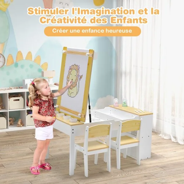 Table avec 2 Chaises pour Enfants Plateau Inclinable 6 Boîtes de Rangement Rouleau de Papier pour Jouer Dessiner Manger