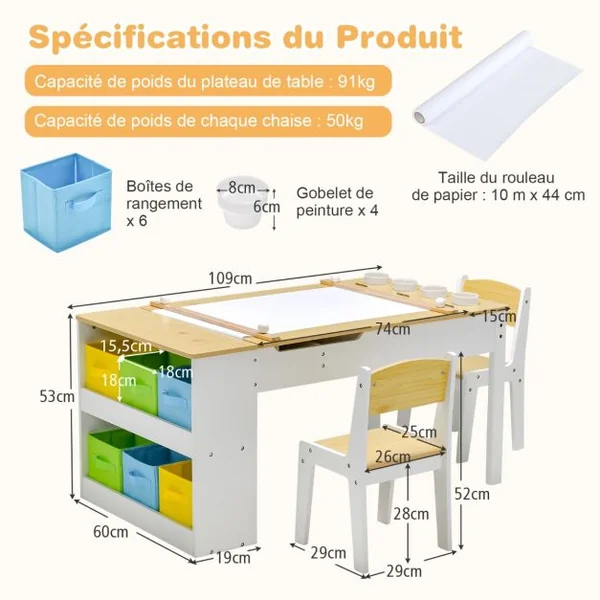 Table avec 2 Chaises pour Enfants Plateau Inclinable 6 Boîtes de Rangement Rouleau de Papier pour Jouer Dessiner Manger