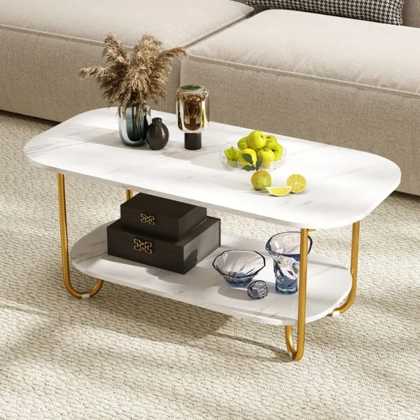 Table Basse avec Plateau en Faux Marbre Table à Thé 2 Niveaux avec Étagère de Rangement et Cadre Métallique Robuste Blanc