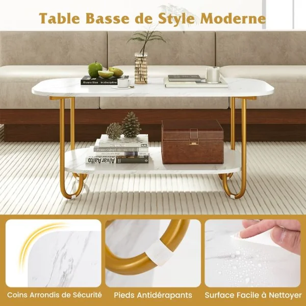 Table Basse avec Plateau en Faux Marbre Table à Thé 2 Niveaux avec Étagère de Rangement et Cadre Métallique Robuste Blanc
