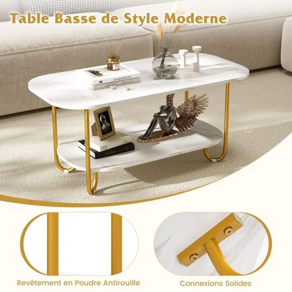 Table Basse avec Plateau en Faux Marbre Table à Thé 2 Niveaux avec Étagère de Rangement et Cadre Métallique Robuste Blanc