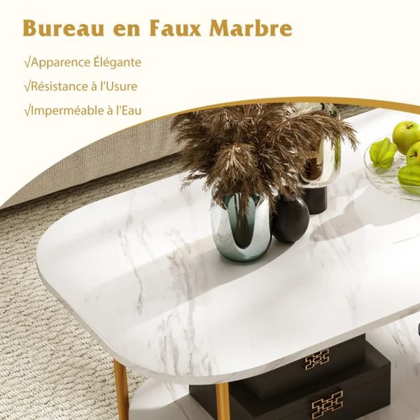 Table Basse avec Plateau en Faux Marbre Table à Thé 2 Niveaux avec Étagère de Rangement et Cadre Métallique Robuste Blanc
