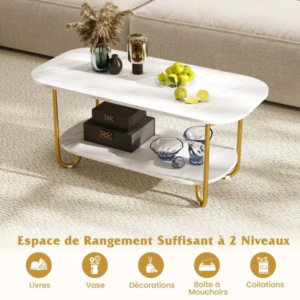Table Basse avec Plateau en Faux Marbre Table à Thé 2 Niveaux avec Étagère de Rangement et Cadre Métallique Robuste Blanc