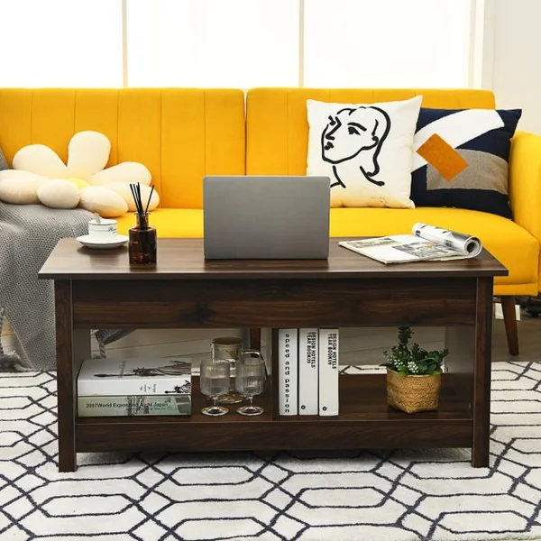Table Basse avec Plateau Relevable avec Espace de Rangement Caché et Etagère Inférieur 109 x 47,5 x 50-63 cm Noir/Café/Chêne/Blanc