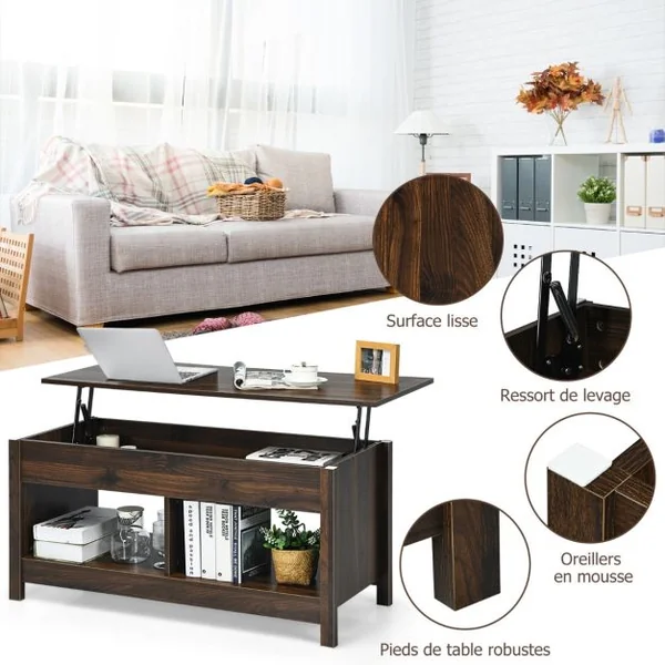 Table Basse avec Plateau Relevable avec Espace de Rangement Caché et Etagère Inférieur 109 x 47,5 x 50-63 cm Noir/Café/Chêne/Blanc