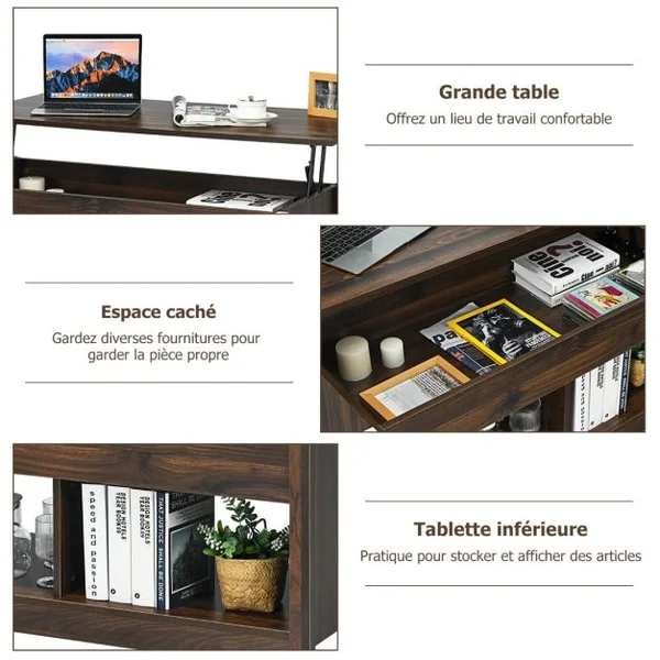Table Basse avec Plateau Relevable avec Espace de Rangement Caché et Etagère Inférieur 109 x 47,5 x 50-63 cm Noir/Café/Chêne/Blanc
