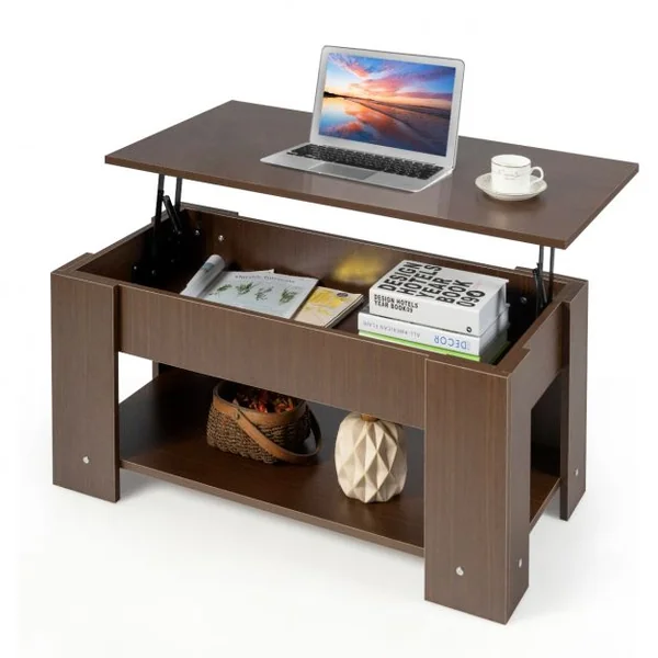 Table Basse avec Plateau Relevable et 1 Etagère pour Rangement Style Moderne en Aggloméré 98x51-74x42-56cm Brun