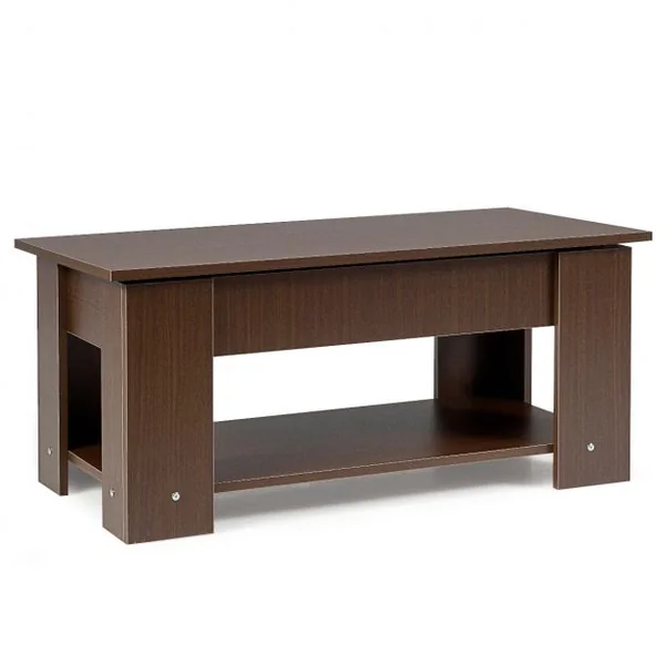 Table Basse avec Plateau Relevable et 1 Etagère pour Rangement Style Moderne en Aggloméré 98x51-74x42-56cm Brun