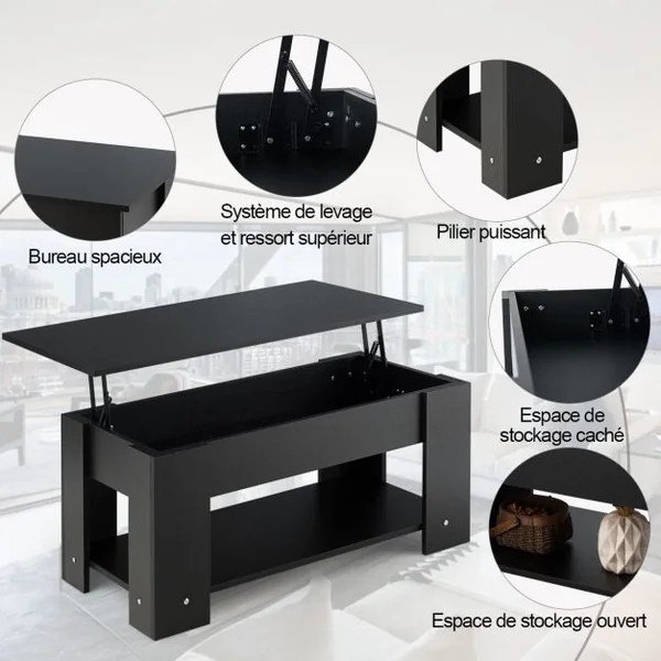 Table Basse avec Plateau Relevable et 1 Etagère pour Rangement Style Moderne en Aggloméré 98x51-74x42-56cm Noir