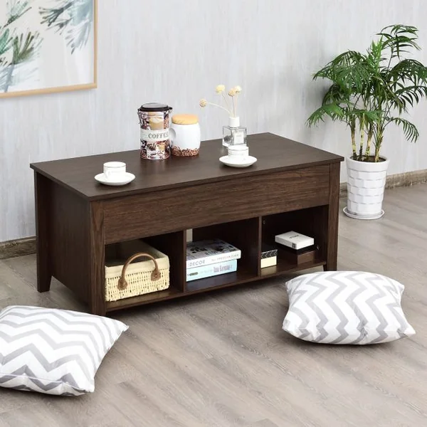 Table Basse avec Plateau Relevable Table de Salon Contemporaine Rectangulaire 3 Compartiments 105x50x48cm Marron