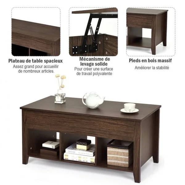 Table Basse avec Plateau Relevable Table de Salon Contemporaine Rectangulaire 3 Compartiments 105x50x48cm Marron