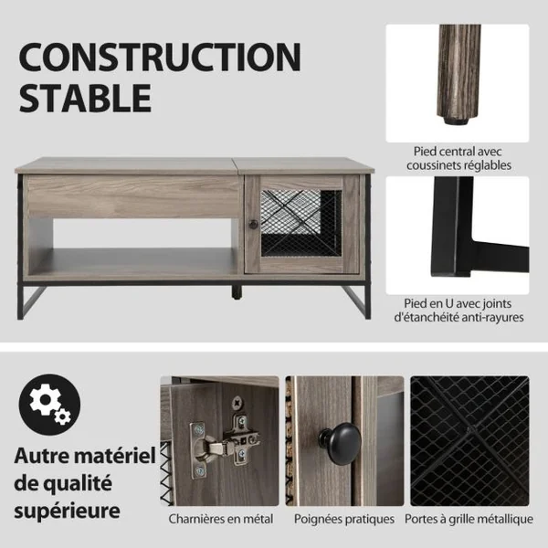 Table Basse avec Plateau Élévateur Pneumatique Compartiments Ouverts et 2 Casiers Conception à 2 Porte 104 x 52,5 x 58 cm