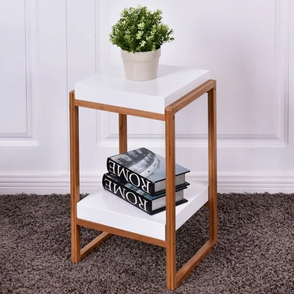 Table basse carrée 2 niveaux Table d’appoint avec étagère de rangement, en Bambou et MDF, 34x30x60cm, Blanc et naturel