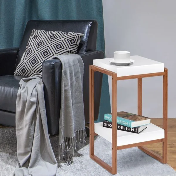 Table basse carrée 2 niveaux Table d’appoint avec étagère de rangement, en Bambou et MDF, 34x30x60cm, Blanc et naturel