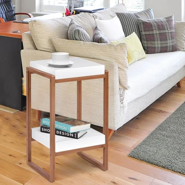 Table basse carrée 2 niveaux Table d’appoint avec étagère de rangement, en Bambou et MDF, 34x30x60cm, Blanc et naturel
