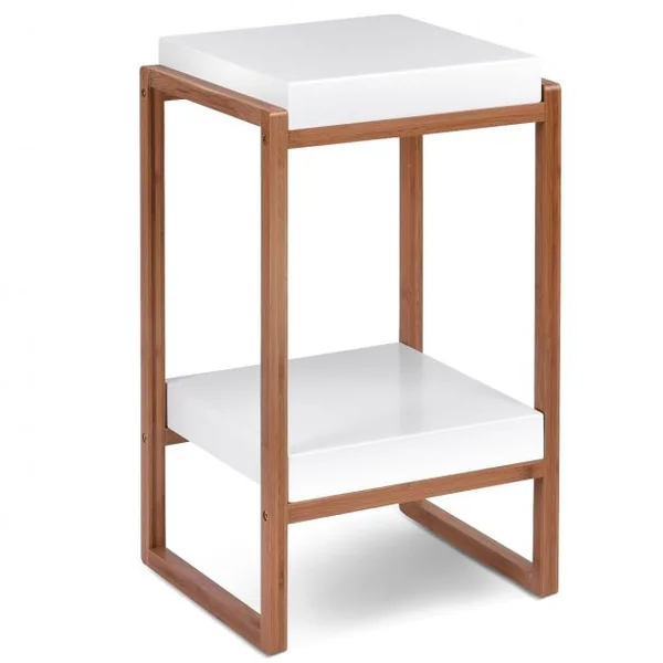 Table basse carrée 2 niveaux Table d’appoint avec étagère de rangement, en Bambou et MDF, 34x30x60cm, Blanc et naturel