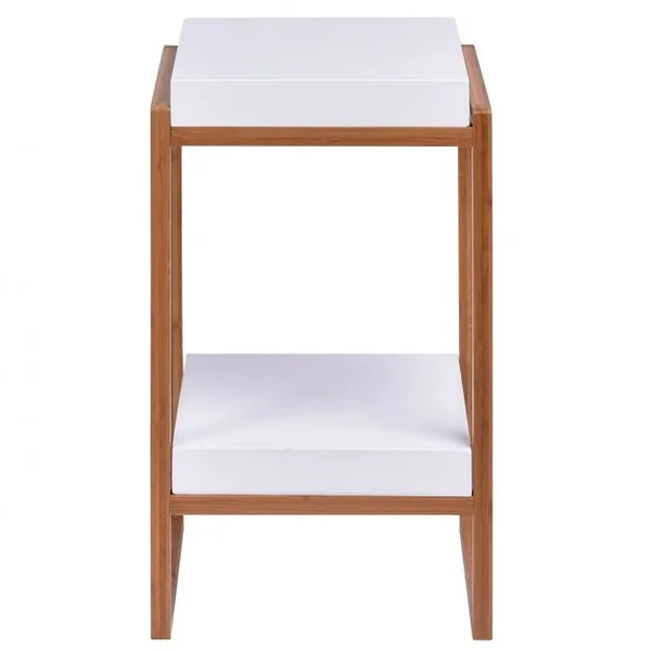 Table basse carrée 2 niveaux Table d’appoint avec étagère de rangement, en Bambou et MDF, 34x30x60cm, Blanc et naturel