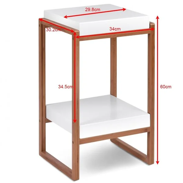 Table basse carrée 2 niveaux Table d’appoint avec étagère de rangement, en Bambou et MDF, 34x30x60cm, Blanc et naturel
