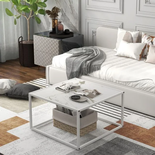 Table Basse Carrée Moderne avec Dessus de Table en Faux Marbre et Structure en Acier Blanc