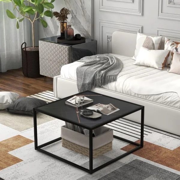 Table Basse Carrée Moderne avec Dessus de Table en Faux Marbre et Structure en Acier Noir
