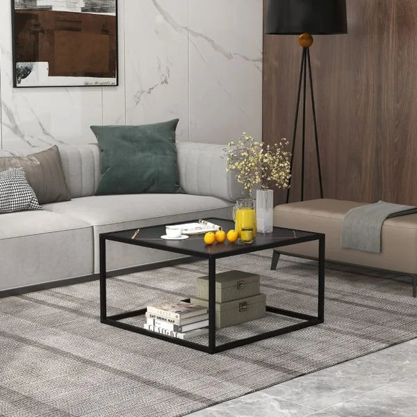 Table Basse Carrée Moderne avec Dessus de Table en Faux Marbre et Structure en Acier Noir