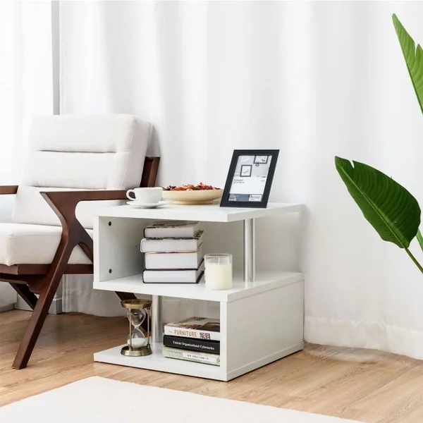 Table Basse d'Appoint à 3 Niveaux Table de Chevet Moderne Etagère en S en Bois Porte-revues, 50x50x50cm, Blanc