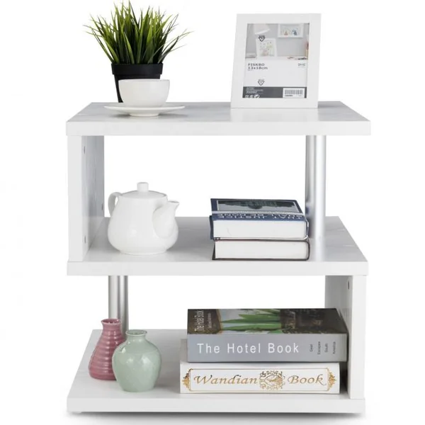 Table Basse d'Appoint à 3 Niveaux Table de Chevet Moderne Etagère en S en Bois Porte-revues, 50x50x50cm, Blanc